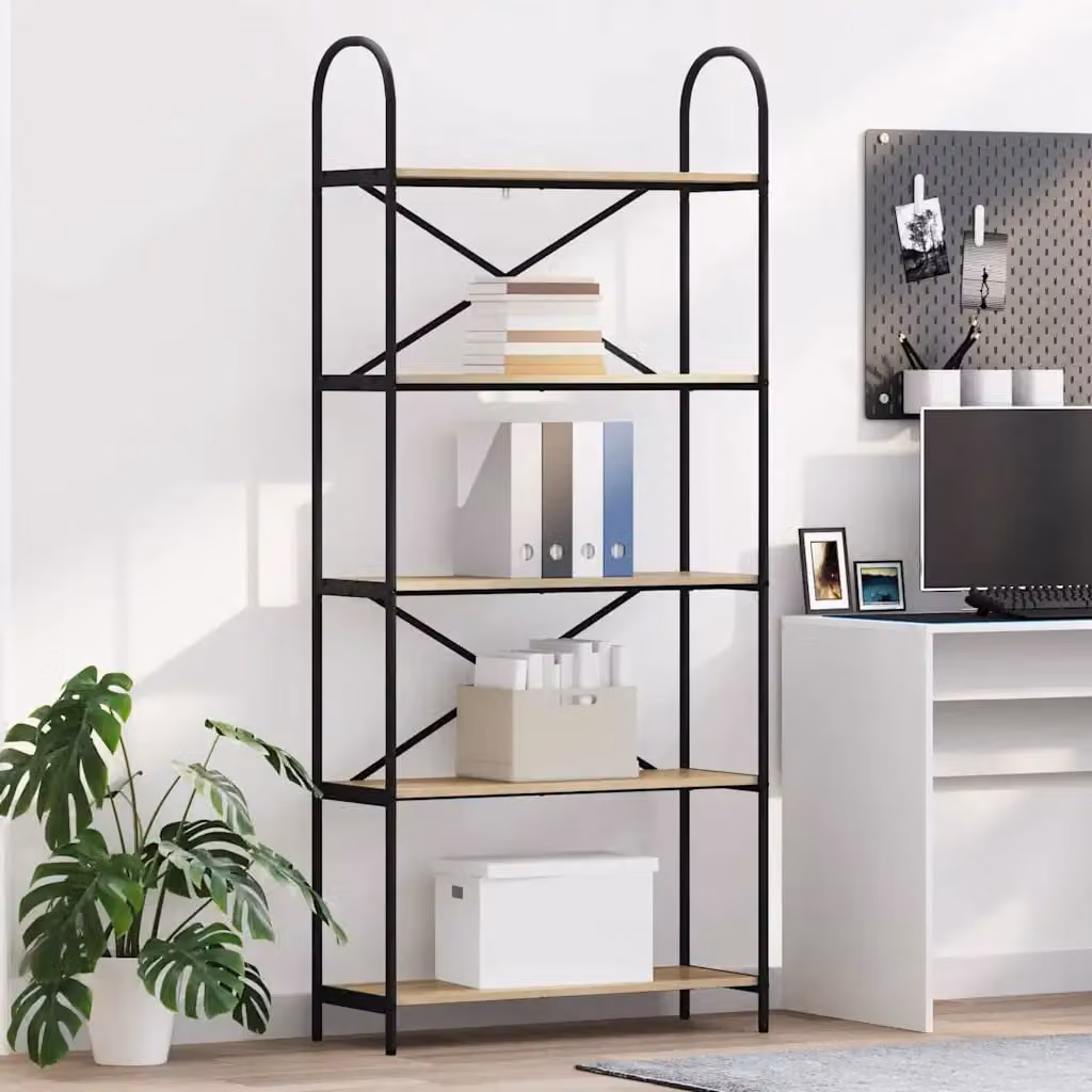 Libreria moderna vidaXL a 5 livelli in legno e metallo, colore marrone e nero, L 80 cm x P 30 cm x H 183 cm