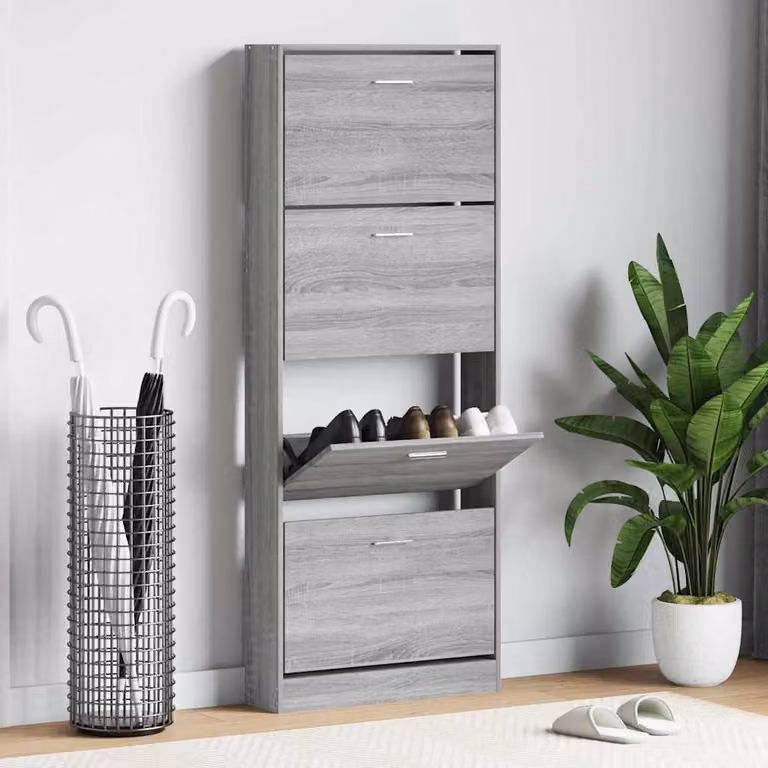 Scarpiera moderna vidaXL in legno grigio con scomparti basculanti e ripiani interni, L/P/H: 59 x 17 x 150 cm