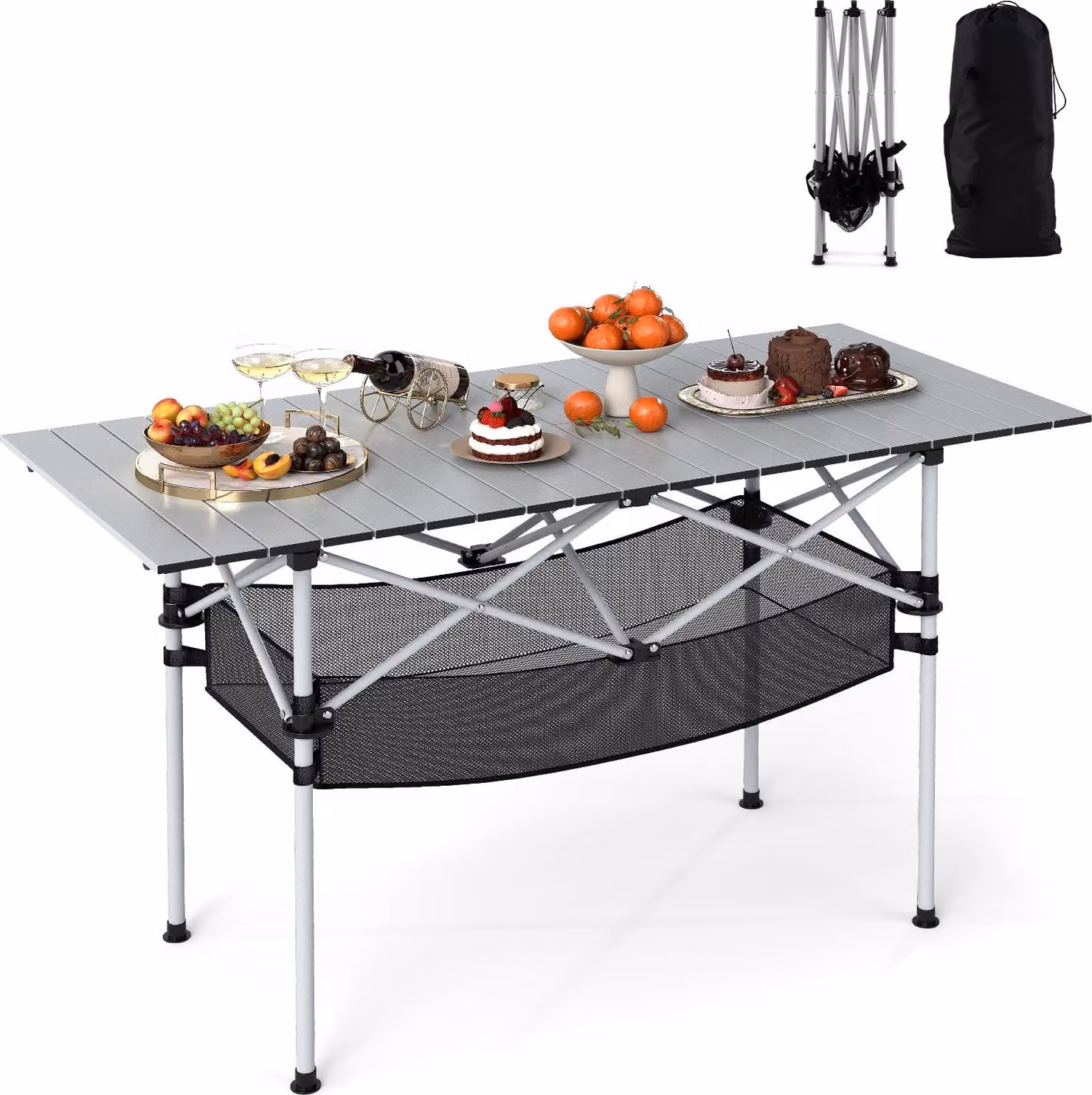 KOMFOTTEU Tavolo pieghevole in alluminio, tavolo da campeggio portatile con piano per il cambio, cestino a rete e borsa per il trasporto, tavolo da picnic salvaspazio per campeggio e giardino, 119 x 55 x 69 cm (argento)