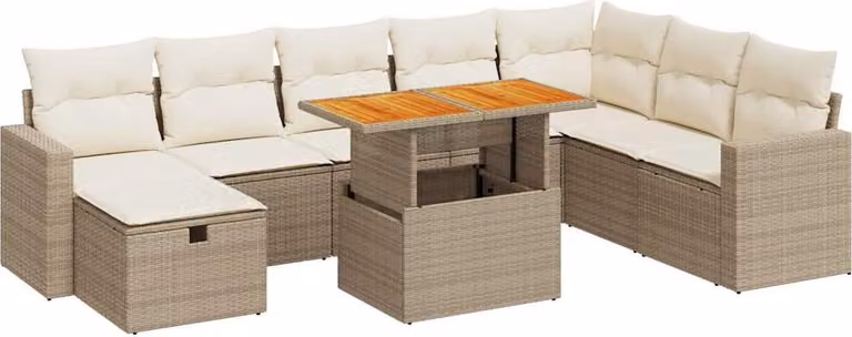 Set Divano da Giardino 9 pz con Cuscini Beige Polyrattan Acacia