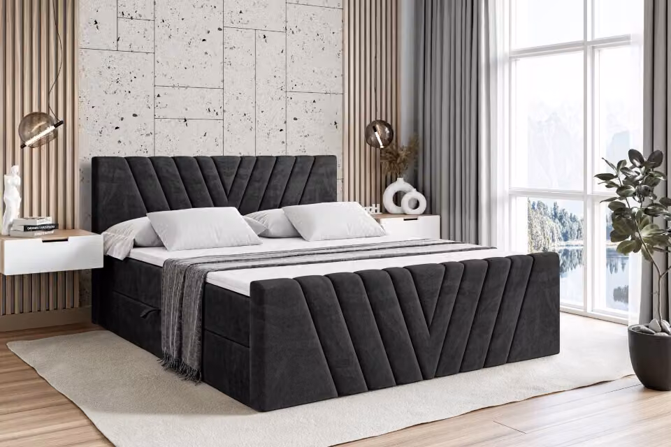 Letto boxspring ALTDECOR con pediera, materasso H3 e topper - 200x200 cm - ERNINA-Z - Velluto nero - Letto imbottito con contenitore e rete a doghe, letto con spazio contenitivo