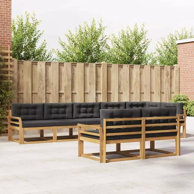 Set di divani da esterno a L vidaXL in legno di acacia con cuscini bianchi e antracite – 1