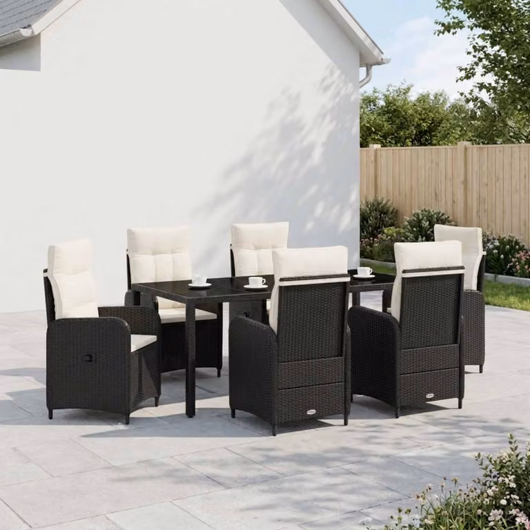 Set da pranzo per esterni vidaXL in 7 pezzi in polyrattan con piano in vetro, colori nero e bianco crema