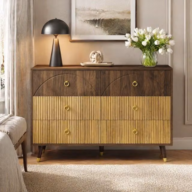 Madia Mivray con sei cassetti e piano ampio in MDF, finitura naturale bicolore marrone e oro con gambe in legno, L: 120 cm, P: 40 cm, H: 81 cm