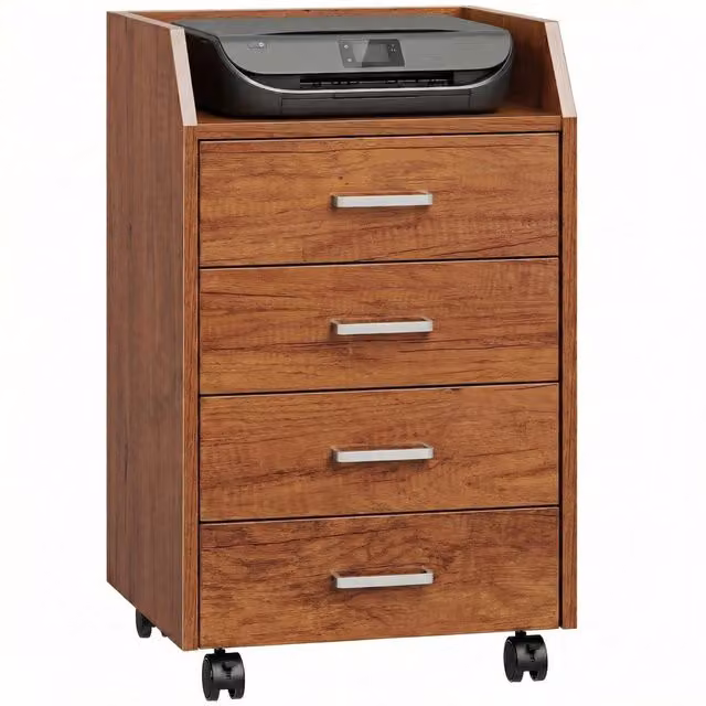 Cassettiera da ufficio XYLO con 4 cassetti e ruote, colore marrone, L: 40 cm, P: 36 cm, H: 65 cm