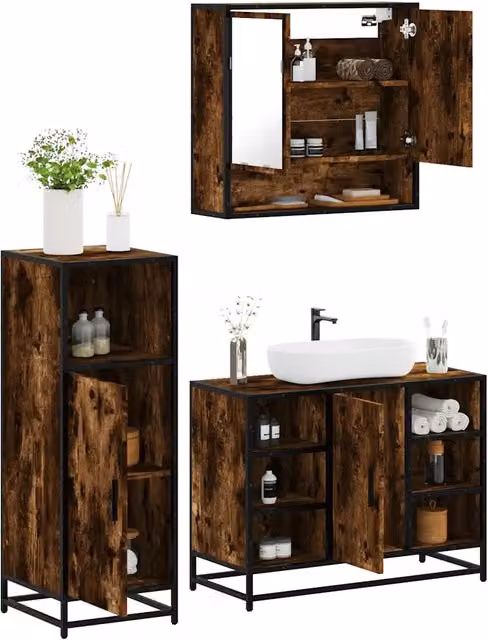 Set Mobili da Bagno 3 pz Rovere Fumo in Legno Multistrato 3301002