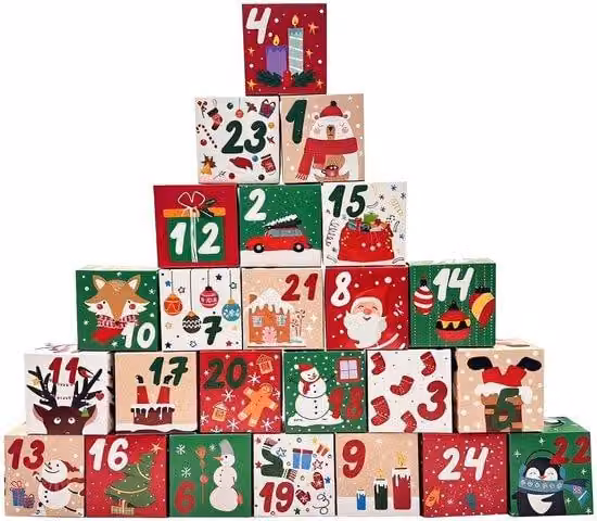 Calendario dell'Avvento tedesco per regali - 24 sacchetti - Motivi natalizi festivi - Rosso/Verde - 7x7x7 cm - Ideale per piccoli regali