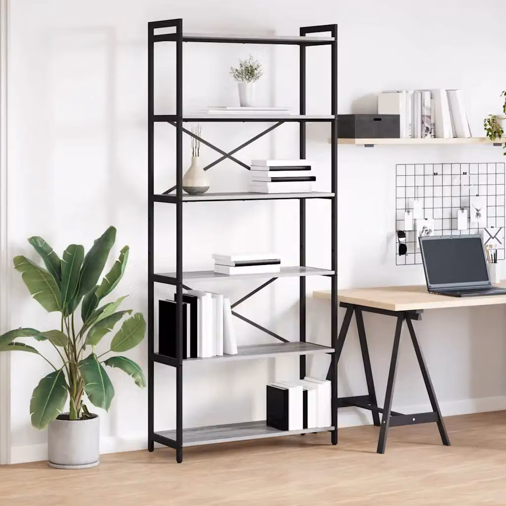 Libreria industrial vidaXL in MDF e metallo, Grigio e Nero, L 80 x P 30 x H 189,5 cm
