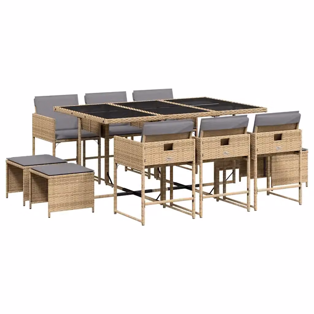 Set Pranzo da Giardino vidaXL 11 pz in Polyrattan con Cuscini Beige e Tavolo in Vetro – 2