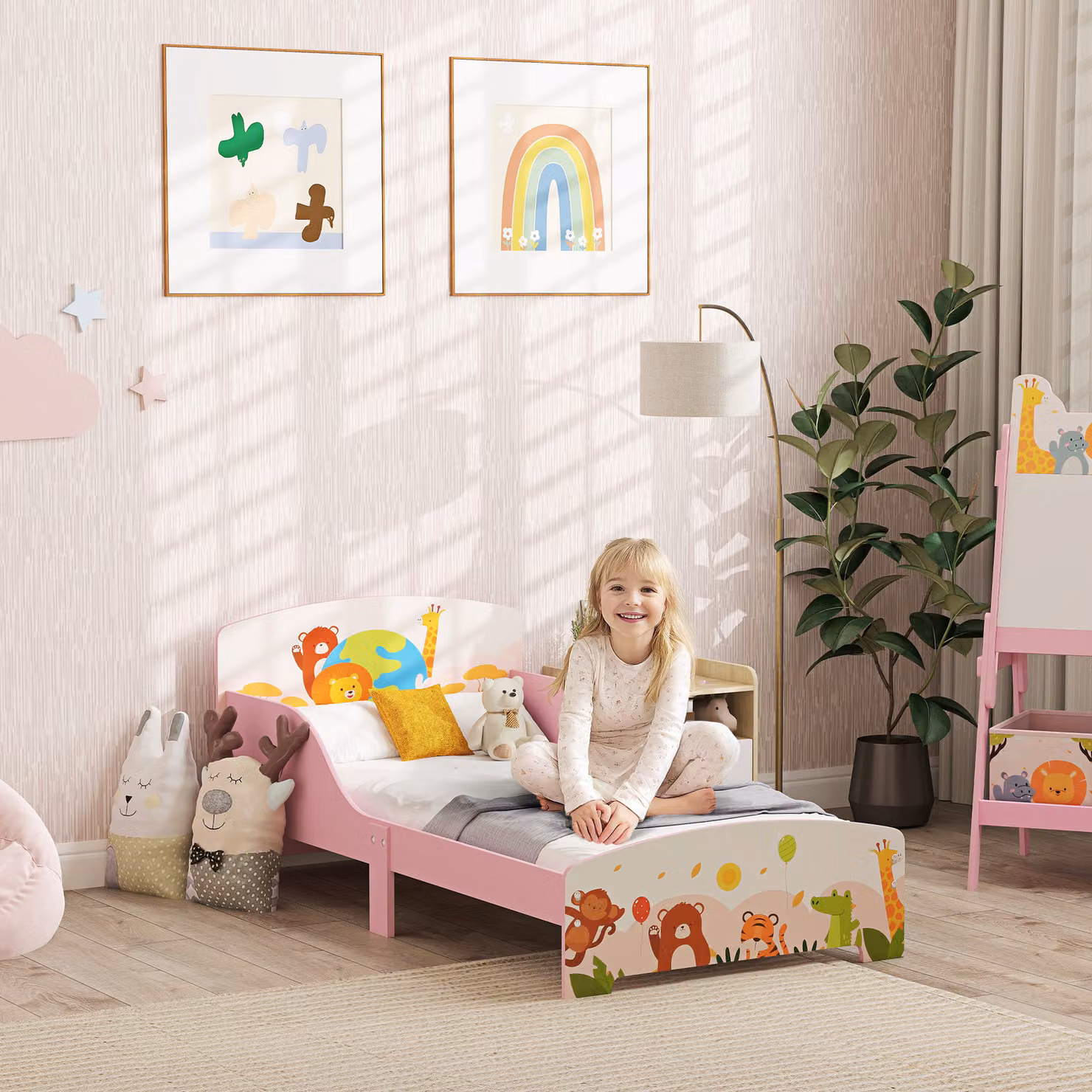Lettino per bambini AIYAPLAY in legno con sponde di sicurezza, Rosa, L: 143 cm, P: 77 cm, H: 60 cm – 2
