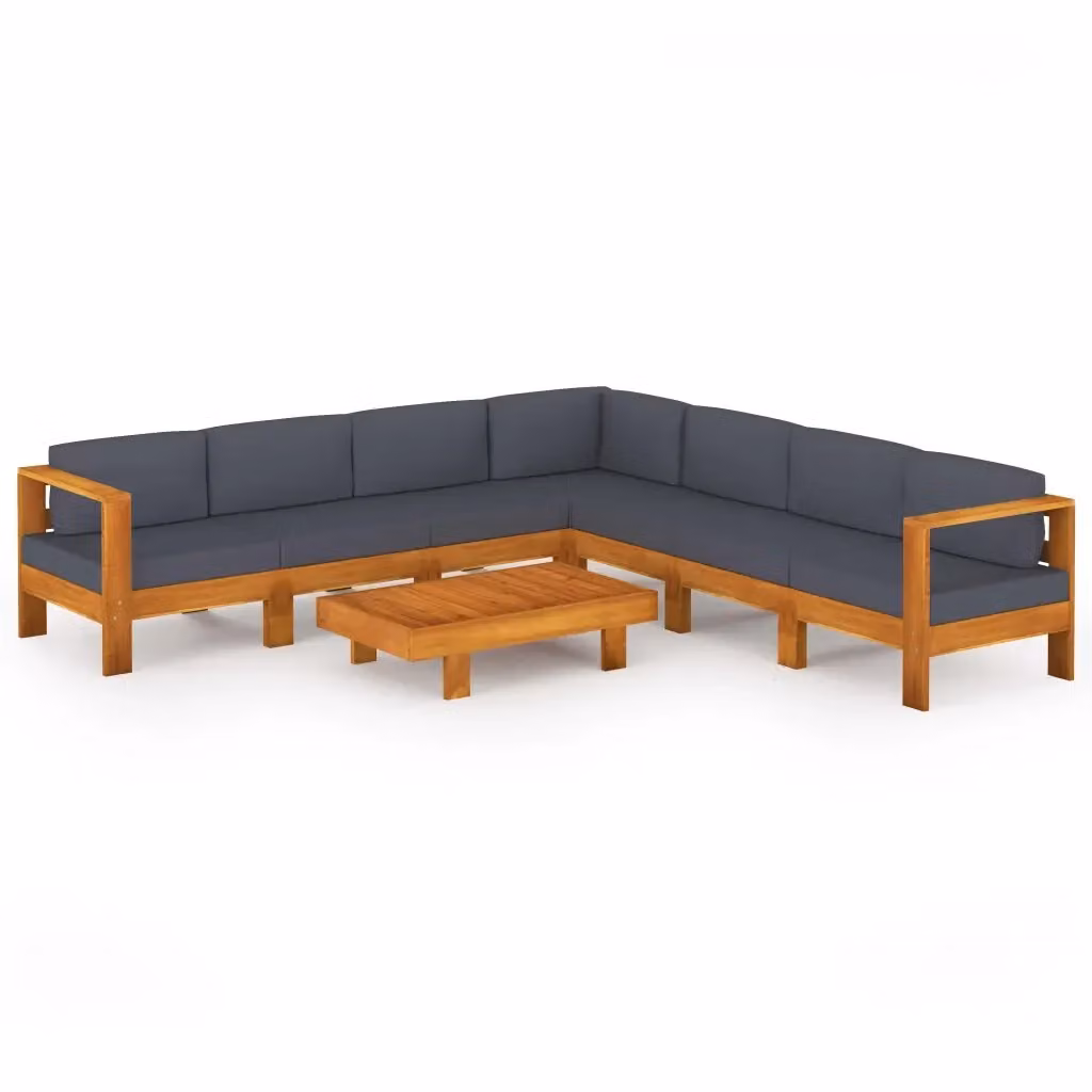 vidaXL Set Divani da Giardino 8 Posti a Forma di L in Legno di Acacia con Cuscini Grigi e Tavolino – 2