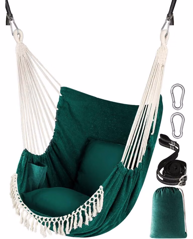 Sedia a dondolo con due cuscini, colore verde scuro, in cotone, con frange e tasca laterale