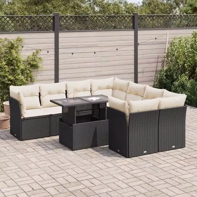 Set Divani da Giardino 9 pz con Cuscini Nero in Polyrattan 3326127