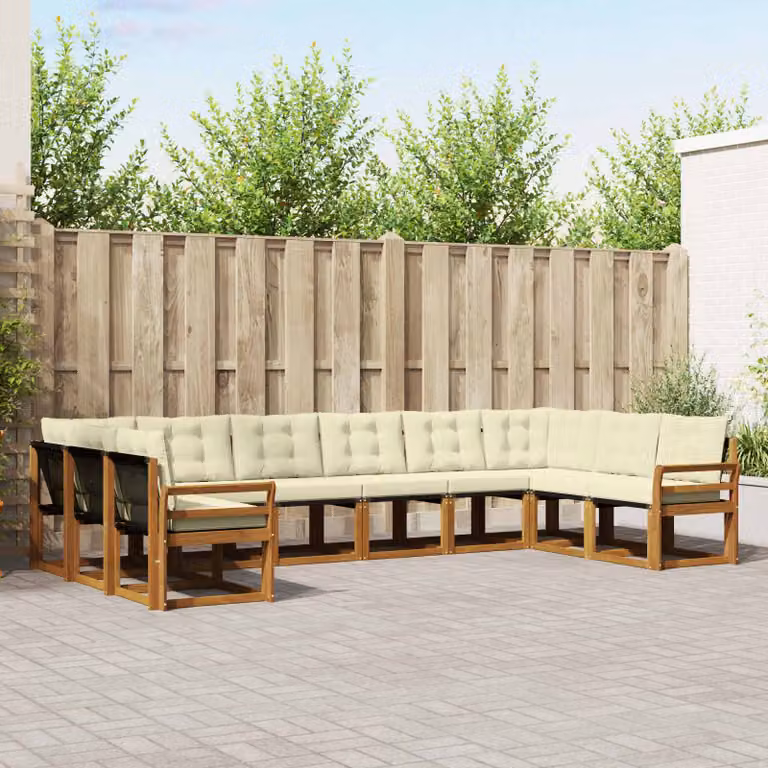 Set di divani da esterno vidaXL 10 pezzi in legno di acacia con cuscini beige e bianco in stile moderno a forma di L per giardino e terrazza