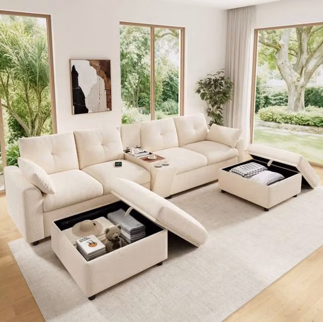 Divano angolare modulare 6 posti a U/L in ciniglia beige con 2 pouf contenitore e USB/Type-C
