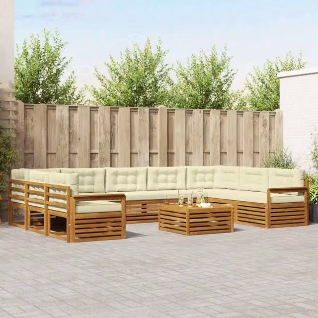 Set di divani da esterno a L vidaXL in legno di acacia con cuscini beige e bianchi e tavolino da giardino – 1