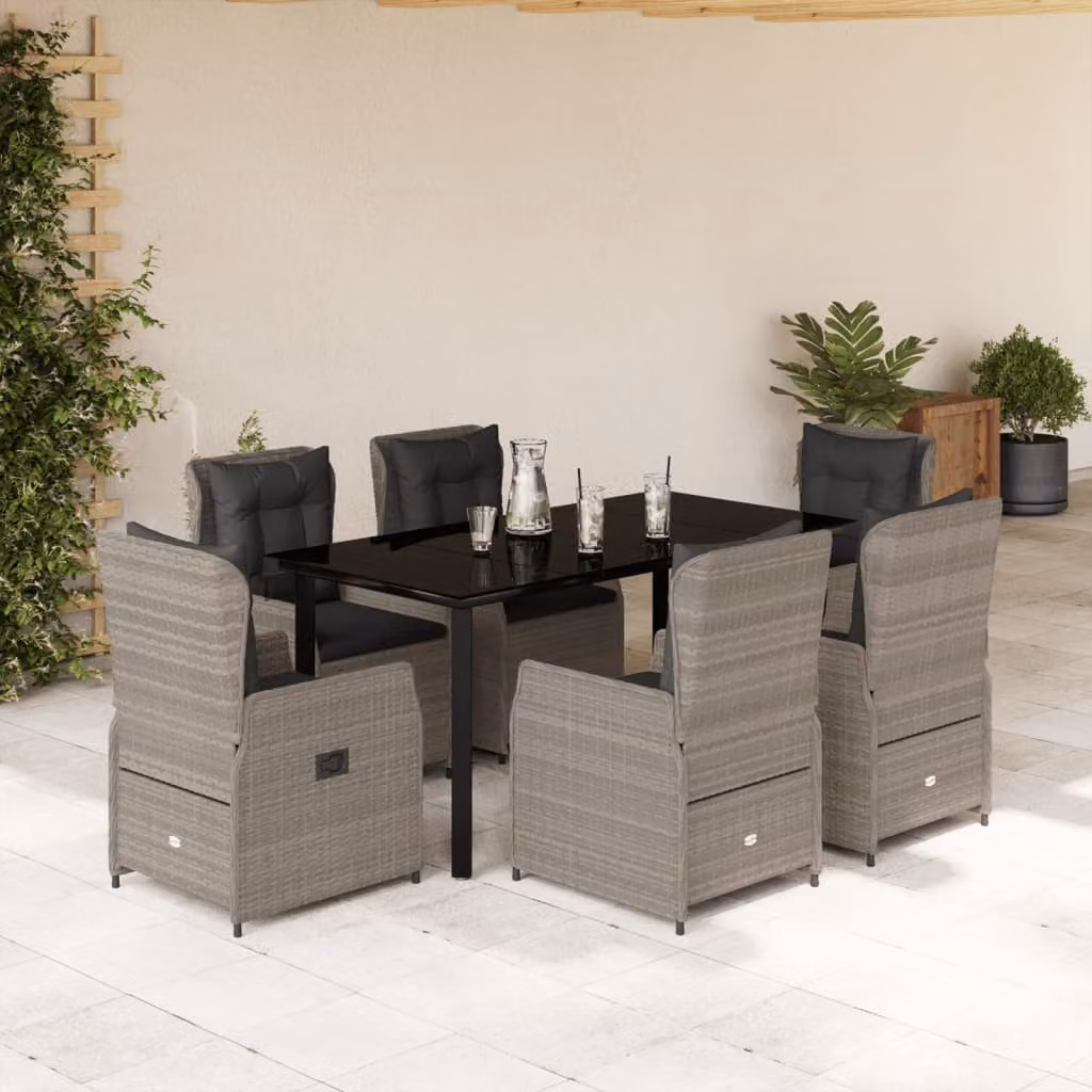Set da Pranzo da Giardino vidaXL in Polyrattan e Vetro con 7 Pezzi Grigio e Nero – 1