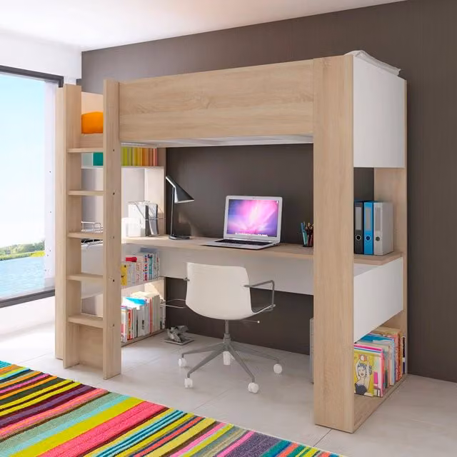 Letto a soppalco singolo con scrivania in legno rovere e bianco per cameretta bambini L: 183 cm, P: 110 cm, H: 206 cm