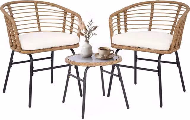 Salotto da esterno in pe rattan con piano in vetro temperato, Set mobile da giardino a 3 pezzi 2 poltrone con cuscini imbottiti