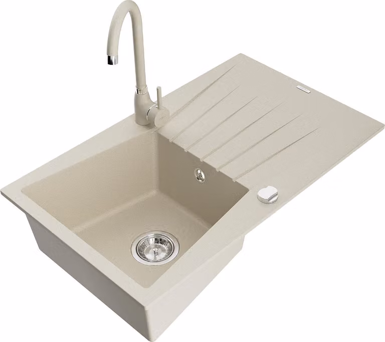 Mexen Cesar lavello in granito 1-vasca con scolapiatti e rubinetto da cucina Telma, beige - 6514-69-670200-69