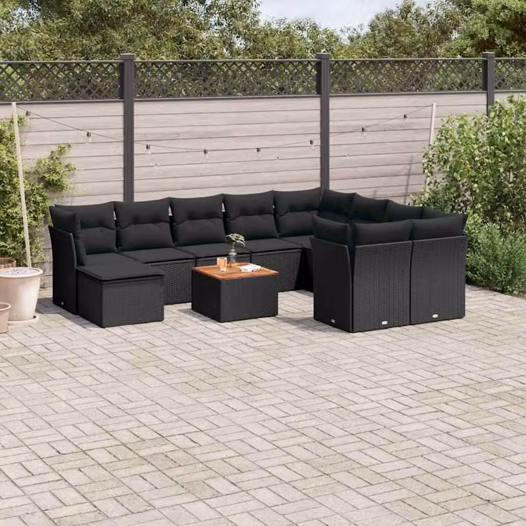 vidaXL Set Divani da Giardino 11 pz in Polyrattan Nero con Cuscini e Tavolino da Esterno