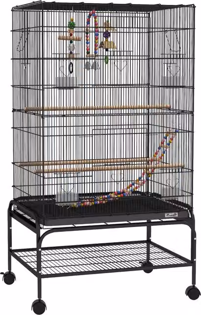 Gabbia per uccelli PawHut con area gioco, ruote, vassoio estraibile e mensola, Nero, H 110 x L 64 x P 45 cm