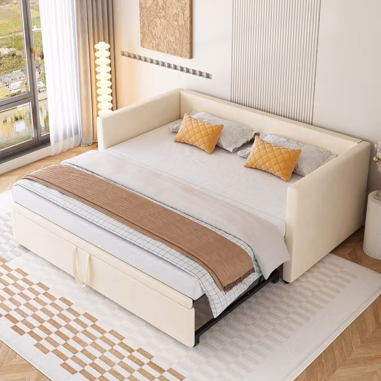 Fortuna Lai day bed 90x200cm/180x200cm letto estraibile, divano letto allungabile con rete a doghe e braccioli, letto imbottito in velluto letto per bambini divano letto, beige