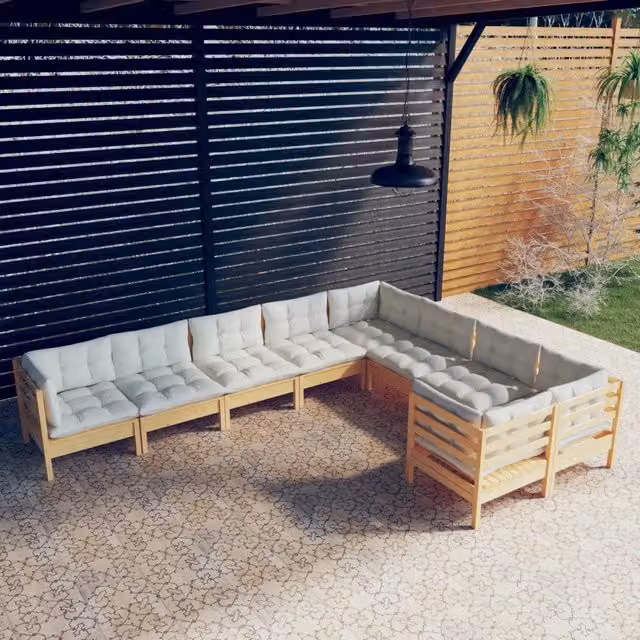 Set Salotto da Giardino 9 pz con Cuscini Crema in Legno di Pino 3096983