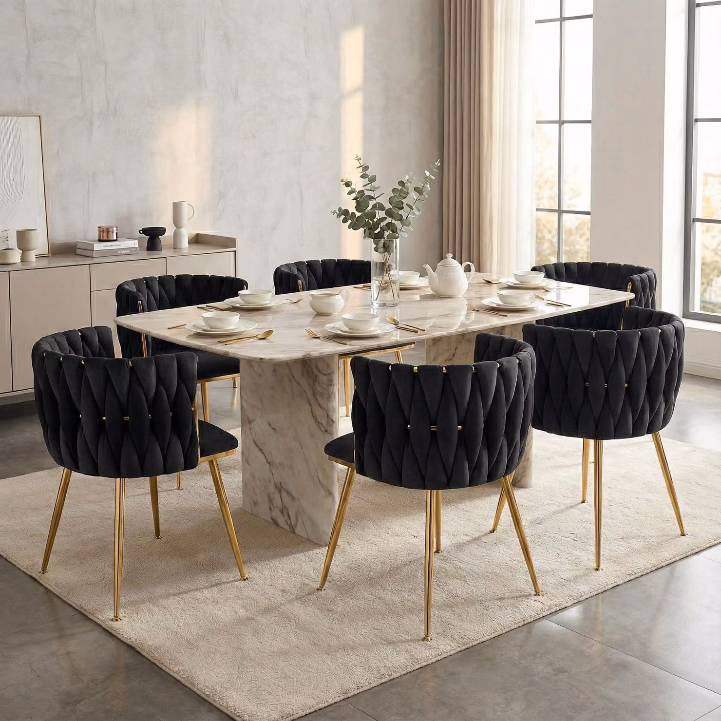LVHOM Sedie da pranzo Sedia da salotto rivestita in velluto Set di 6 Sedia imbottita Stile intrecciato, Sedia da pranzo, Struttura in metallo dorato, Nero