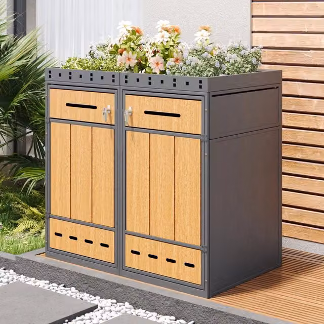 Contenitore per raccolta differenziata da esterno Outsunny a due scomparti in acciaio con coperchio fioriera grigio effetto legno – 1