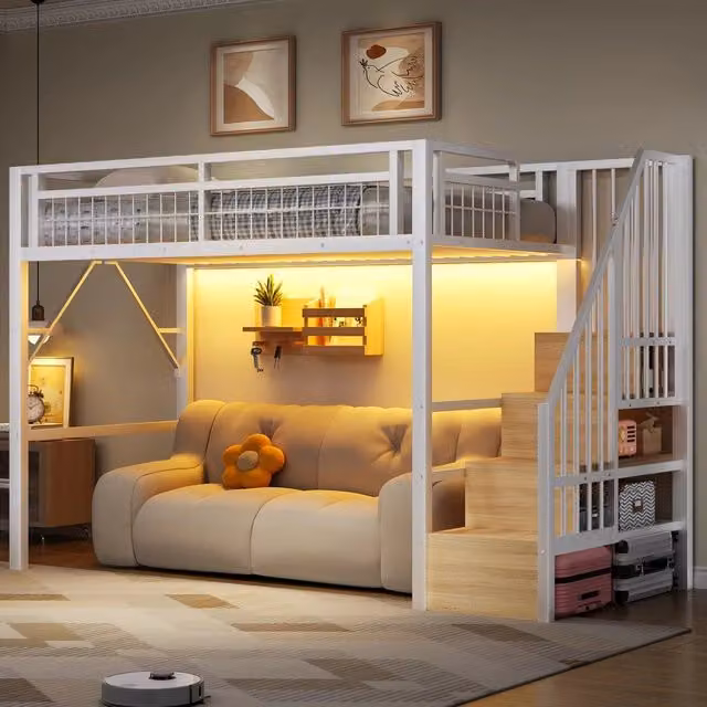 Letto a soppalco con LED ¨C Minimal ¨C Bianco, struttura in metallo, 90x200 cm, senza materasso, scalette con spazio contenitore