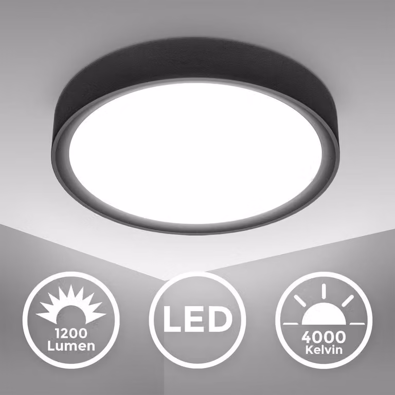 B.K.Licht Plafoniera LED 12W, luce bianca 4.000K, diametro 25 cm, 1.200 Lm, Lampada da soffitto piccola in plastica nera opaca per ingresso o corridoio, IP20