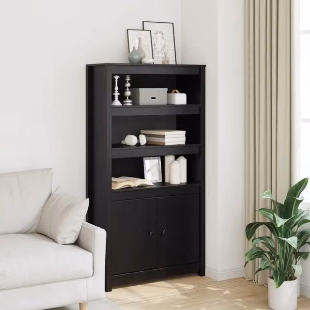 Credenza nera in legno massello di pino vidaXL L: 80 cm, P: 35 cm, H: 154 cm – 1