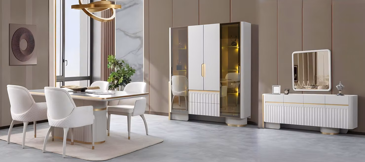 Weißes Esszimmer Set Designer Esstisch 4x Polsterstühle TV-Ständer