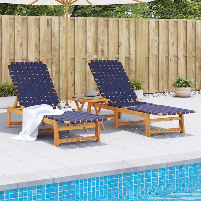 Set di 2 lettini prendisole vidaXL in legno di acacia oliato con tessuto blu e poggiatesta regolabile