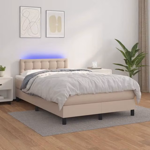 Letto con contenitore a molle e illuminazione LED vidaXL, colore cappuccino, rivestimento in similpelle e tessuto, L/P/H: 120 x 200 x 78 cm – 1