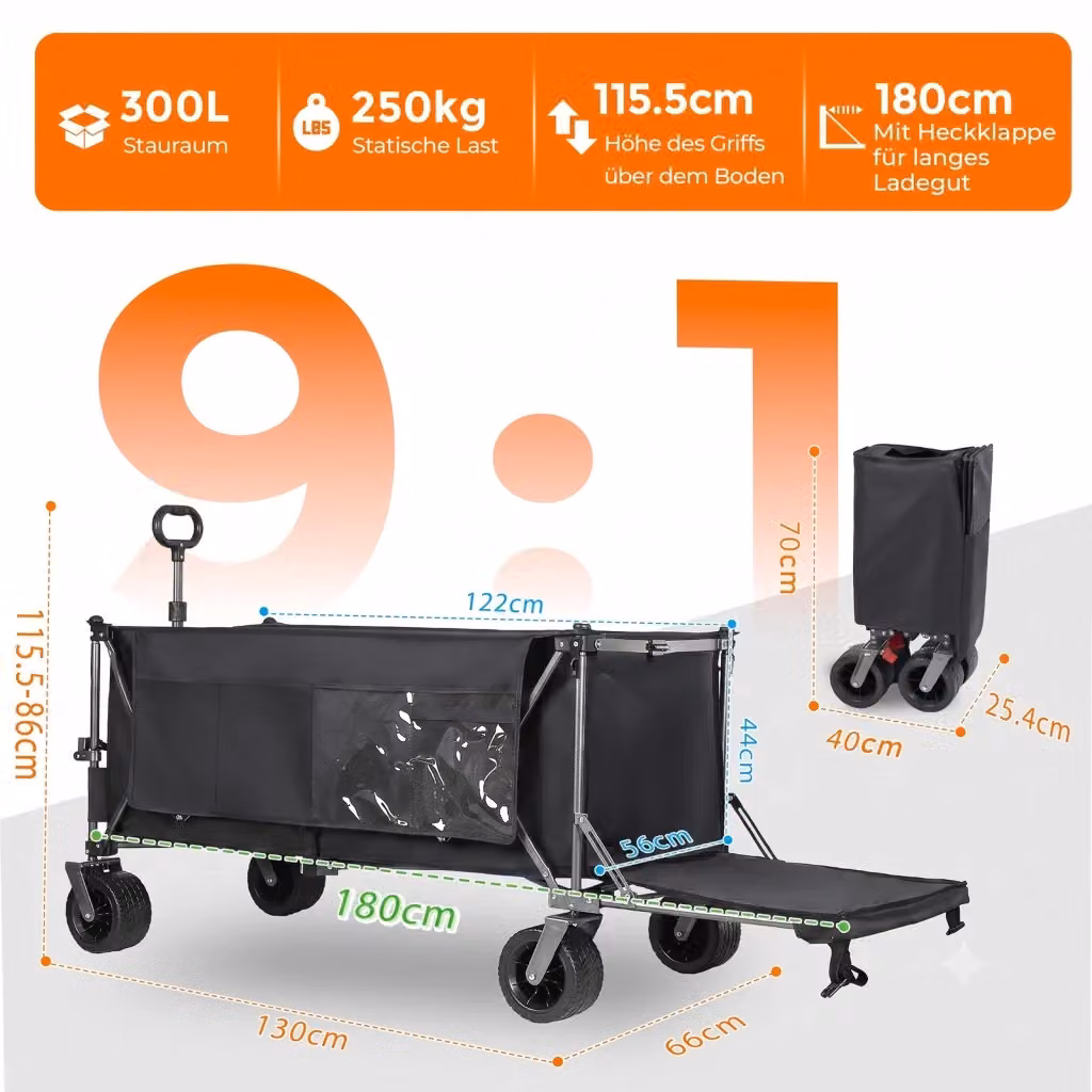 Carrello da giardino pieghevole WISHDOR con portellone posteriore estensibile e ruote all-terrain in acciaio, nero/grigio, L: 180 cm – 2