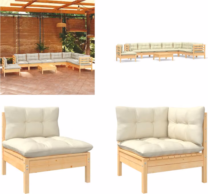 vidaXL 9 pezzi set salotto da giardino con cuscini crema pino massiccio - Set salotto da giardino - Set salotto da giardino - Set mobili da giardino - Set mobili da giardino