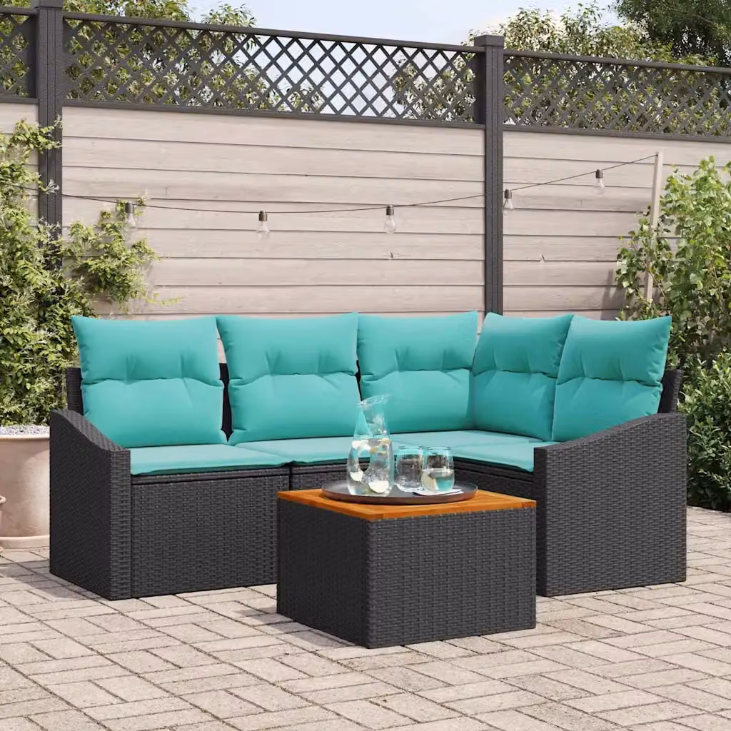 Set Divano da Giardino a L vidaXL 5 pz con Cuscini Turchese e Nero in Polyrattan e Acciaio