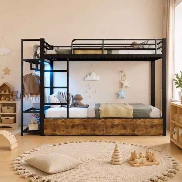 Letto a castello Mivray nero con 2 cassetti, ripiani e illuminazione LED sottostante, struttura in metallo e MDF, L/P/H: 90 x 200 x 226,5 cm