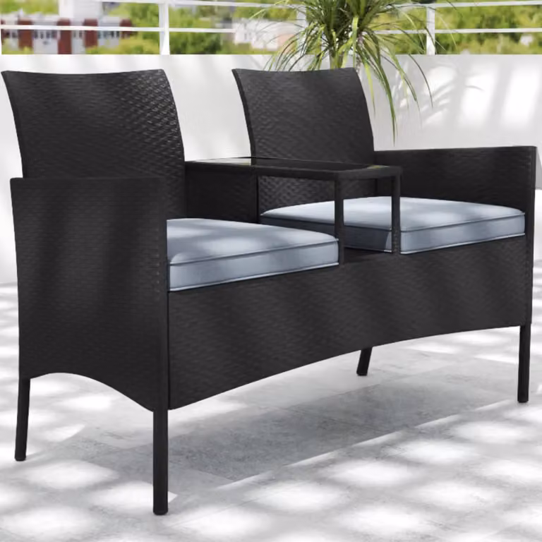 Divano da esterno Costway in rattan nero con tavolino integrato in vetro temperato e cuscini per 2 persone