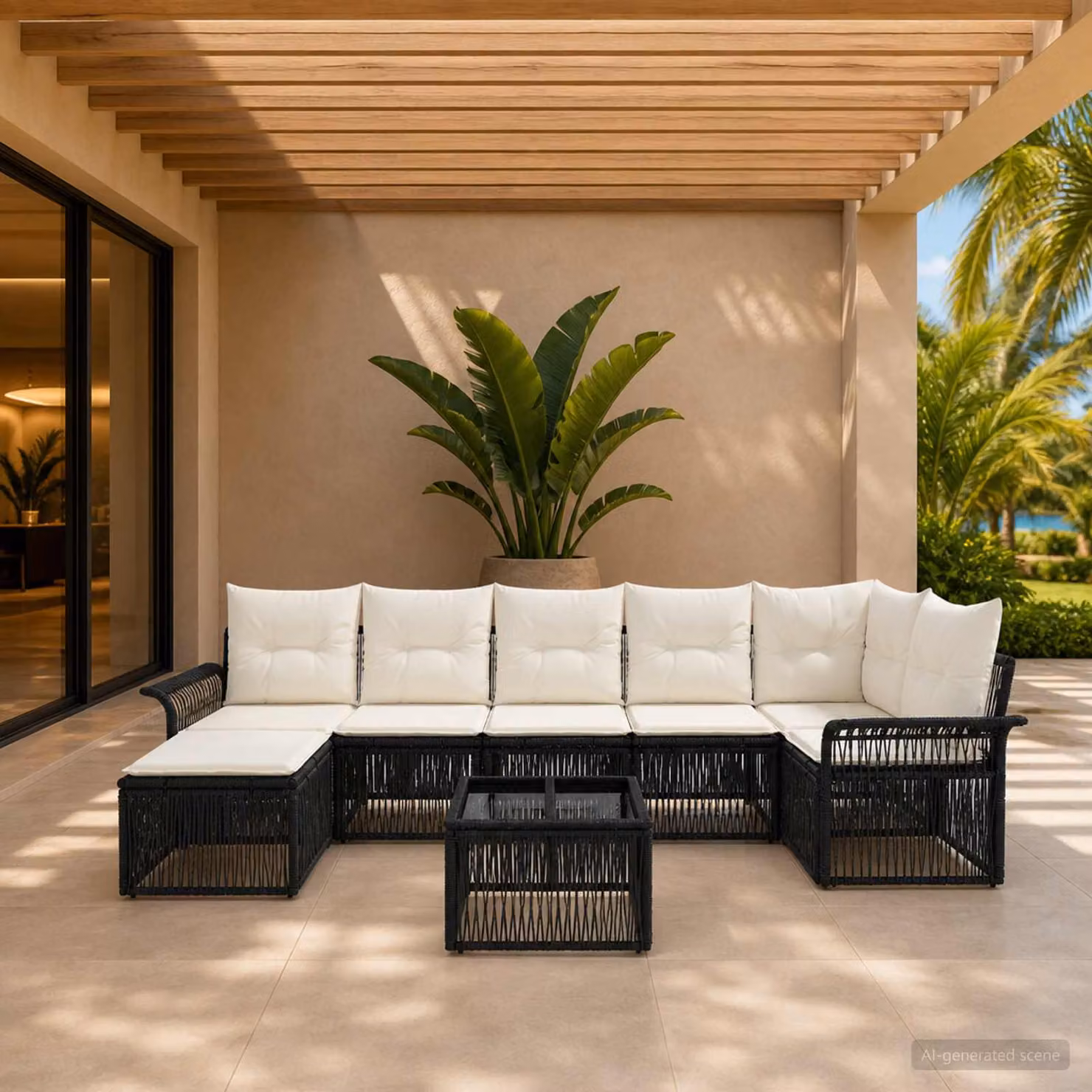 Set Divano da Giardino vidaXL 8 Pezzi Moderno in Polyrattan Nero con Cuscini e Tavolino