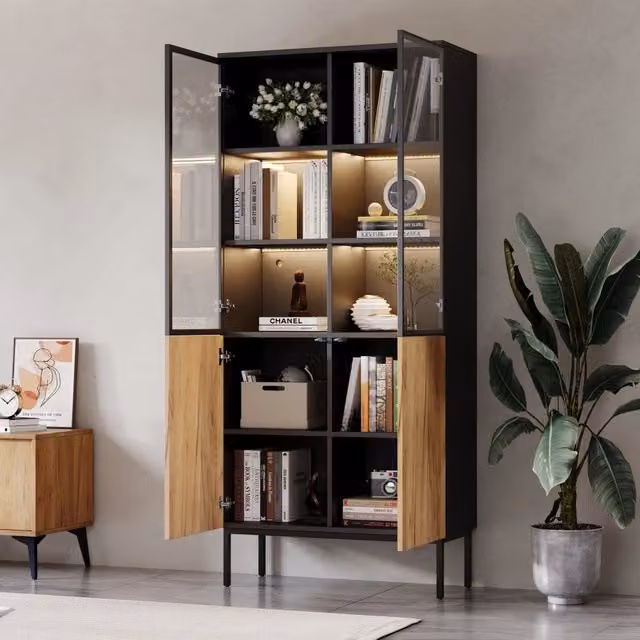 Vetrina moderna WISHDOR con ante in vetro, luci LED integrate e ripiani interni, colore nero e rovere, L: 74 cm, P: 31 cm, H: 180 cm