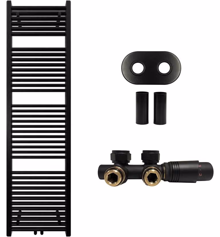 Set radiatore per bagno Lincoln - riscaldamento centralizzato - attacco centrale da 50 mm - 559W - nero opaco - 1800x500 mm