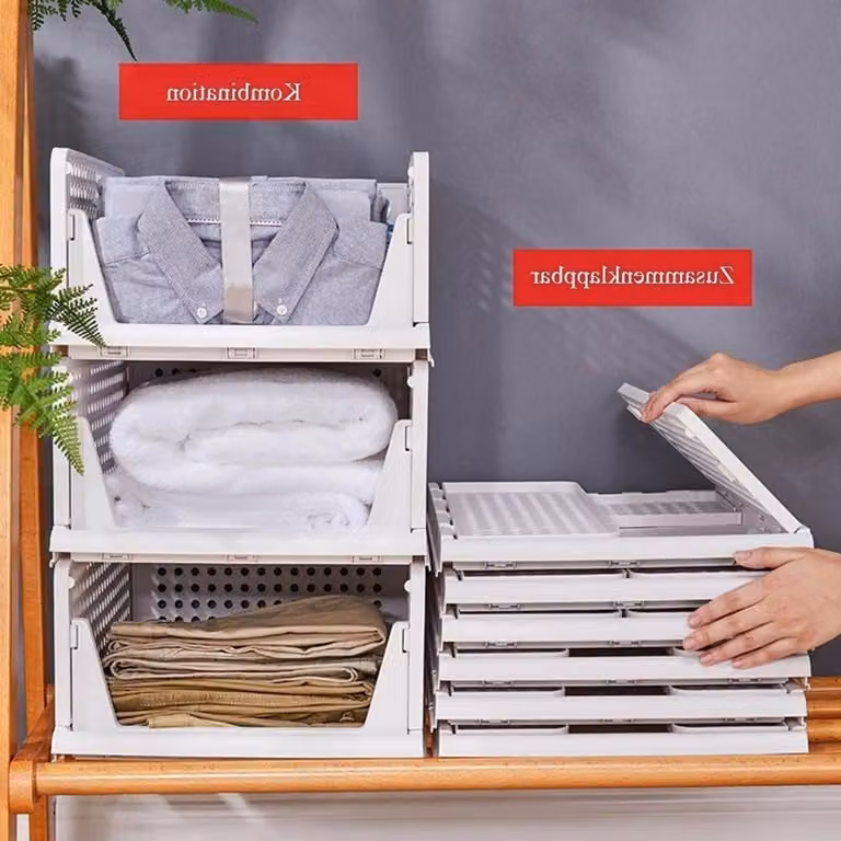Contenitori impilabili e pieghevoli: 3 scatole per riporre vestiti, articoli da cucina e accessori per il bagno – organizer in plastica per un utilizzo efficiente dello spazio