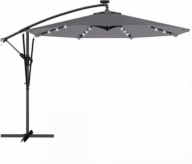 Outsunny Ombrellone a braccio con Luci LED Solari 330x295 cm Ombrellone con Base a Croce Manovella Copertura Protettiva Grigio scuro   Aosom Italy