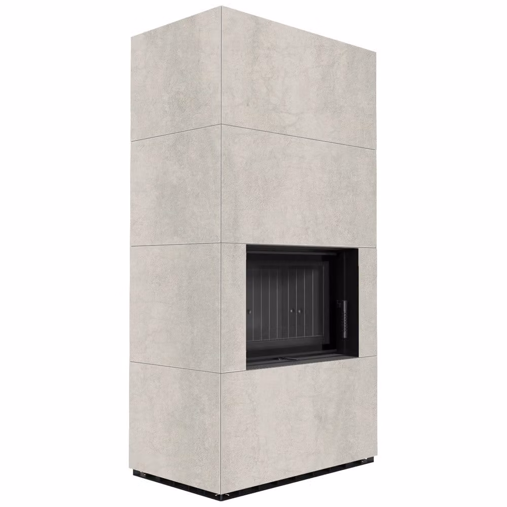 Kit camino KRATKI FLOKI BOX 8 kW Ø 160 Quarzo sinterizzato NATURALI PIETRA DI SAVOIA PERLA BOCCIARDATA rivestimento nero