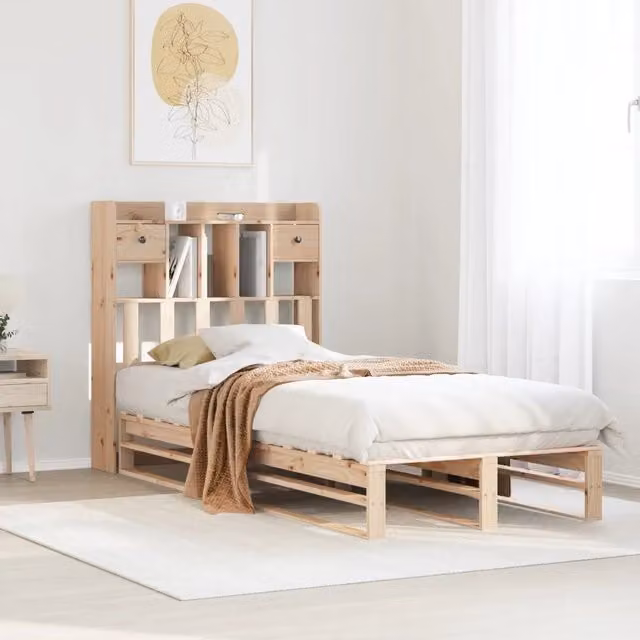 Letto Libreria vidaXL in Legno Massello di Pino Marrone con Ripiani Laterali 90x190 cm