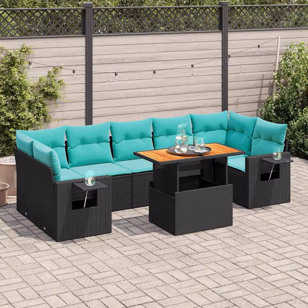 Set Divano da Giardino a Forma di U vidaXL in Polyrattan Nero con 8 Cuscini e Tavolino da Esterno