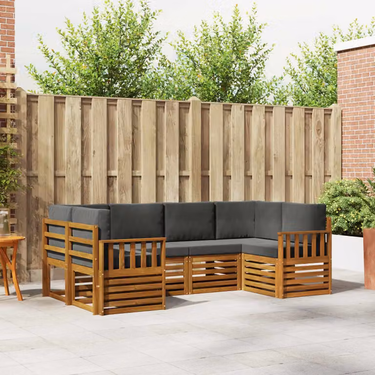 Set di divani da esterno a L vidaXL in legno di acacia con cuscini, 6 pezzi, Beige e Antracite